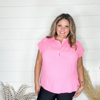 "Bailee" Collared Cap Sleeve Blouse with Front Buttons (Pink Cosmos)