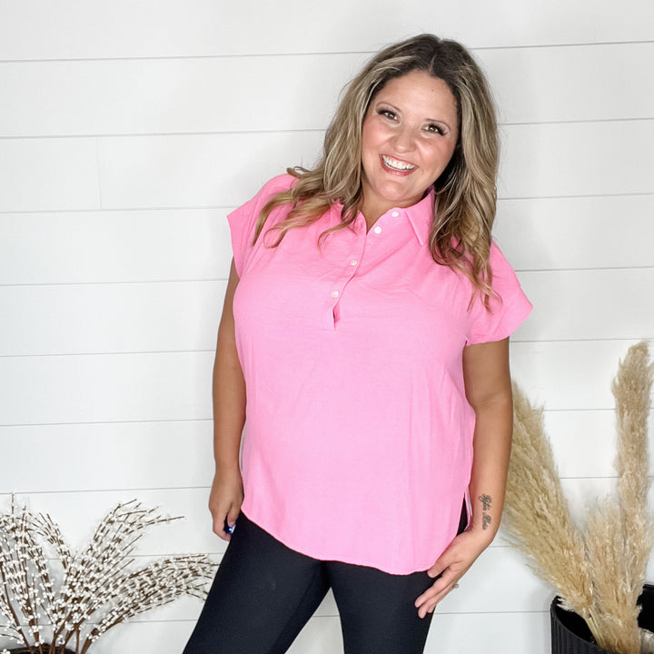 "Bailee" Collared Cap Sleeve Blouse with Front Buttons (Pink Cosmos)