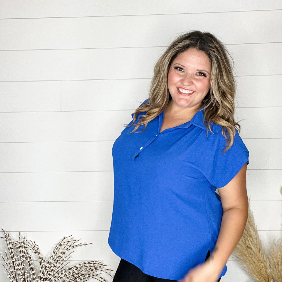 "Bailee" Collared Cap Sleeve Blouse with Front Buttons (Royal Blue)