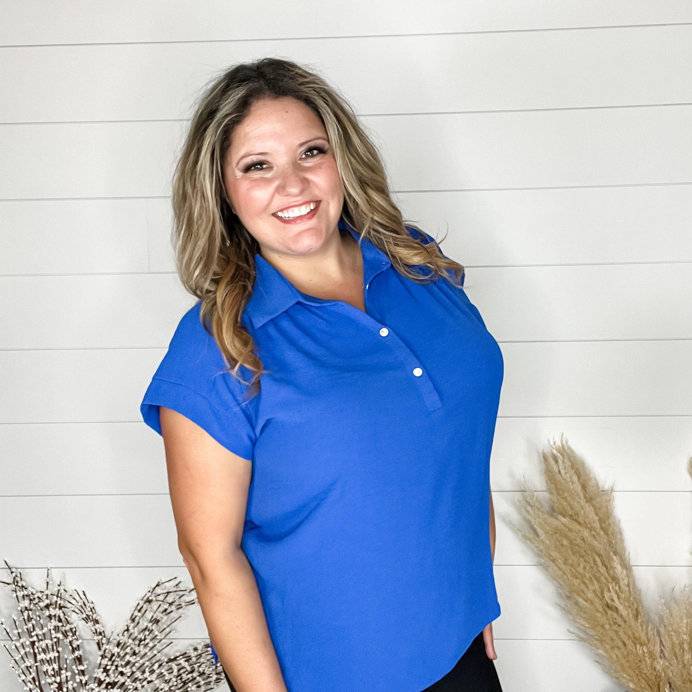 "Bailee" Collared Cap Sleeve Blouse with Front Buttons (Royal Blue)-Lola Monroe Boutique