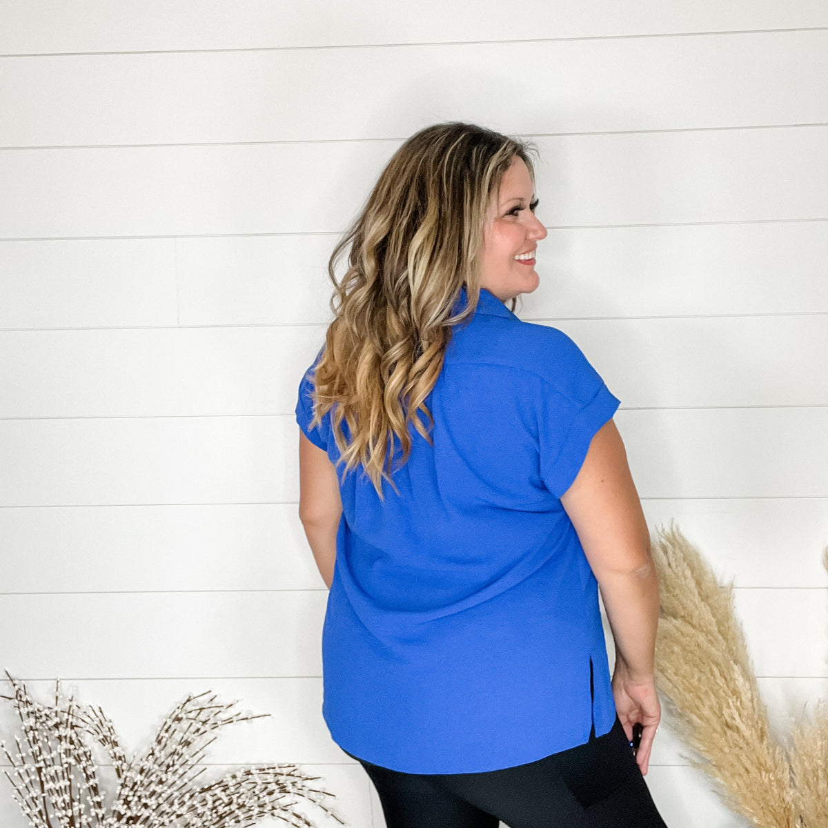 "Bailee" Collared Cap Sleeve Blouse with Front Buttons (Royal Blue)