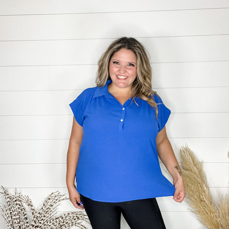 "Bailee" Collared Cap Sleeve Blouse with Front Buttons (Royal Blue)