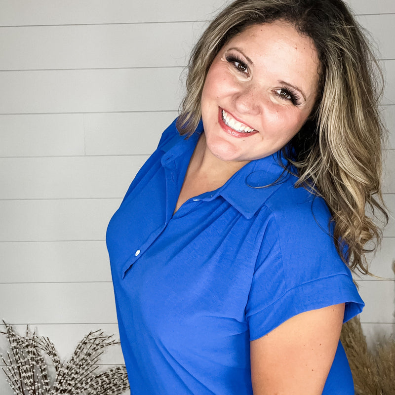 "Bailee" Collared Cap Sleeve Blouse with Front Buttons (Royal Blue)