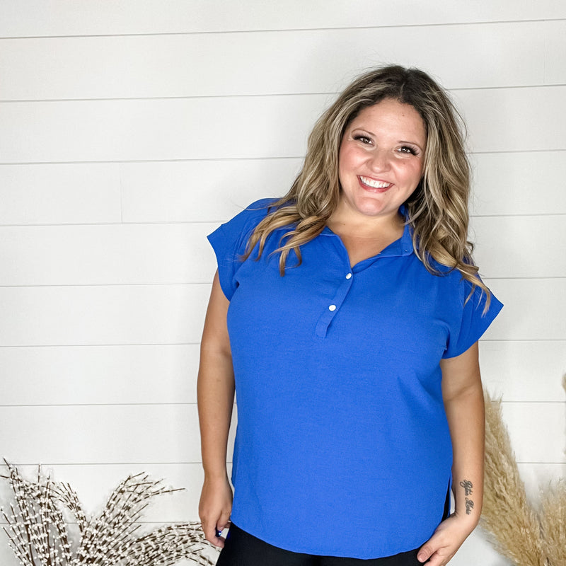 "Bailee" Collared Cap Sleeve Blouse with Front Buttons (Royal Blue)