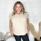 "Bailee" Collared Cap Sleeve Blouse with Front Buttons (Taupe)-Lola Monroe Boutique