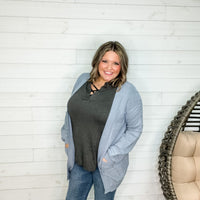 Balloon Sleeve Cardigan with Front Pockets (Dusty Blue)-Lola Monroe Boutique