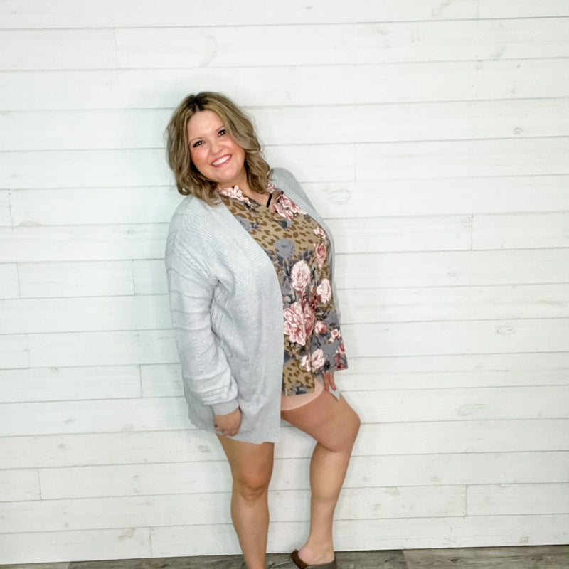 Balloon Sleeve Cardigan with Front Pockets (Heather Grey)-Lola Monroe Boutique