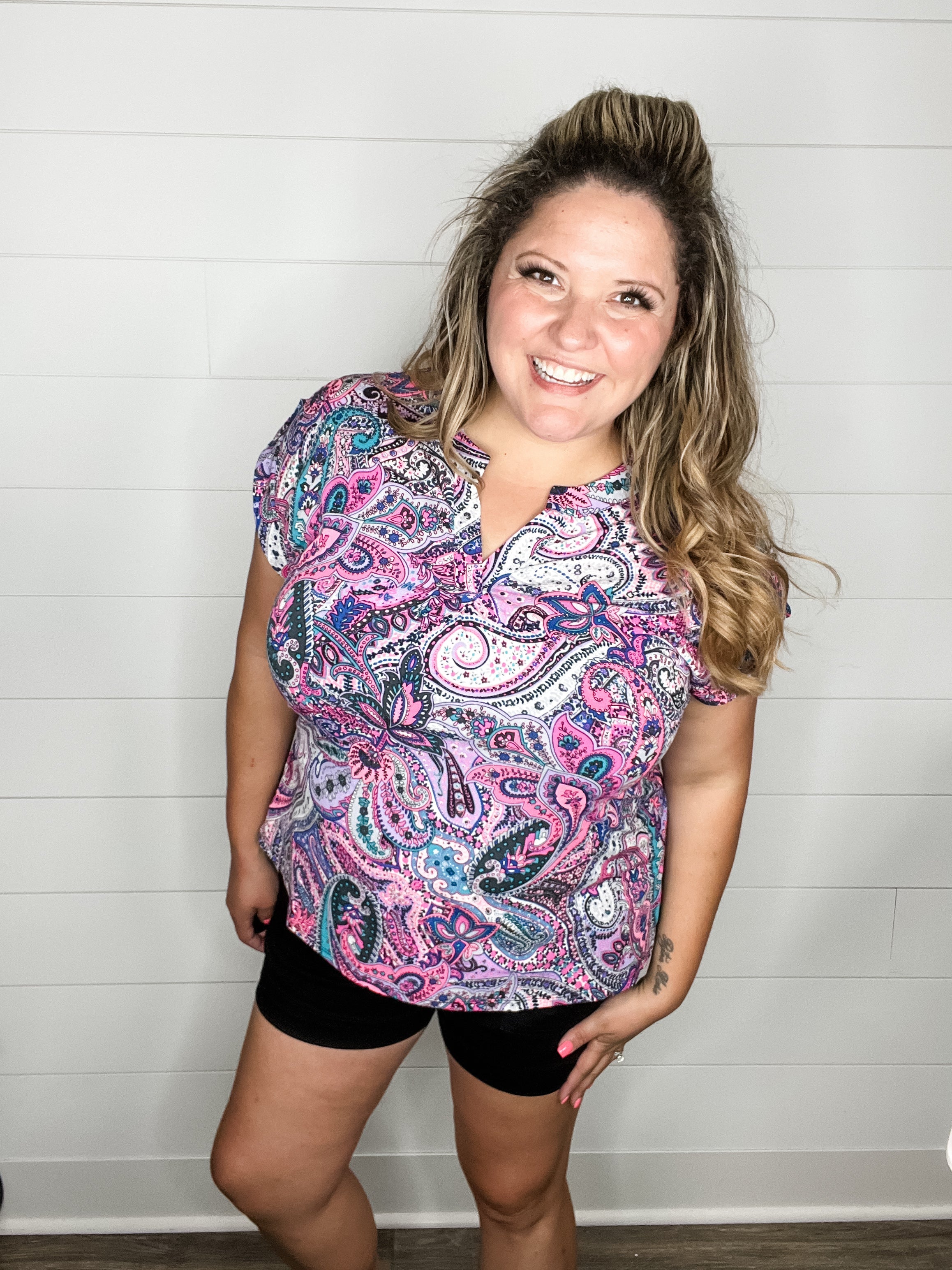 "Banquet" Paisley Split Neck Cuffed Short Sleeve-Lola Monroe Boutique