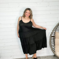 "Beach Vibe" Adjustable Strap Maxi Tiered Dress with Pockets (Black)-Lola Monroe Boutique