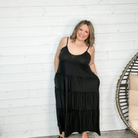 "Beach Vibe" Adjustable Strap Maxi Tiered Dress with Pockets (Black)-Lola Monroe Boutique