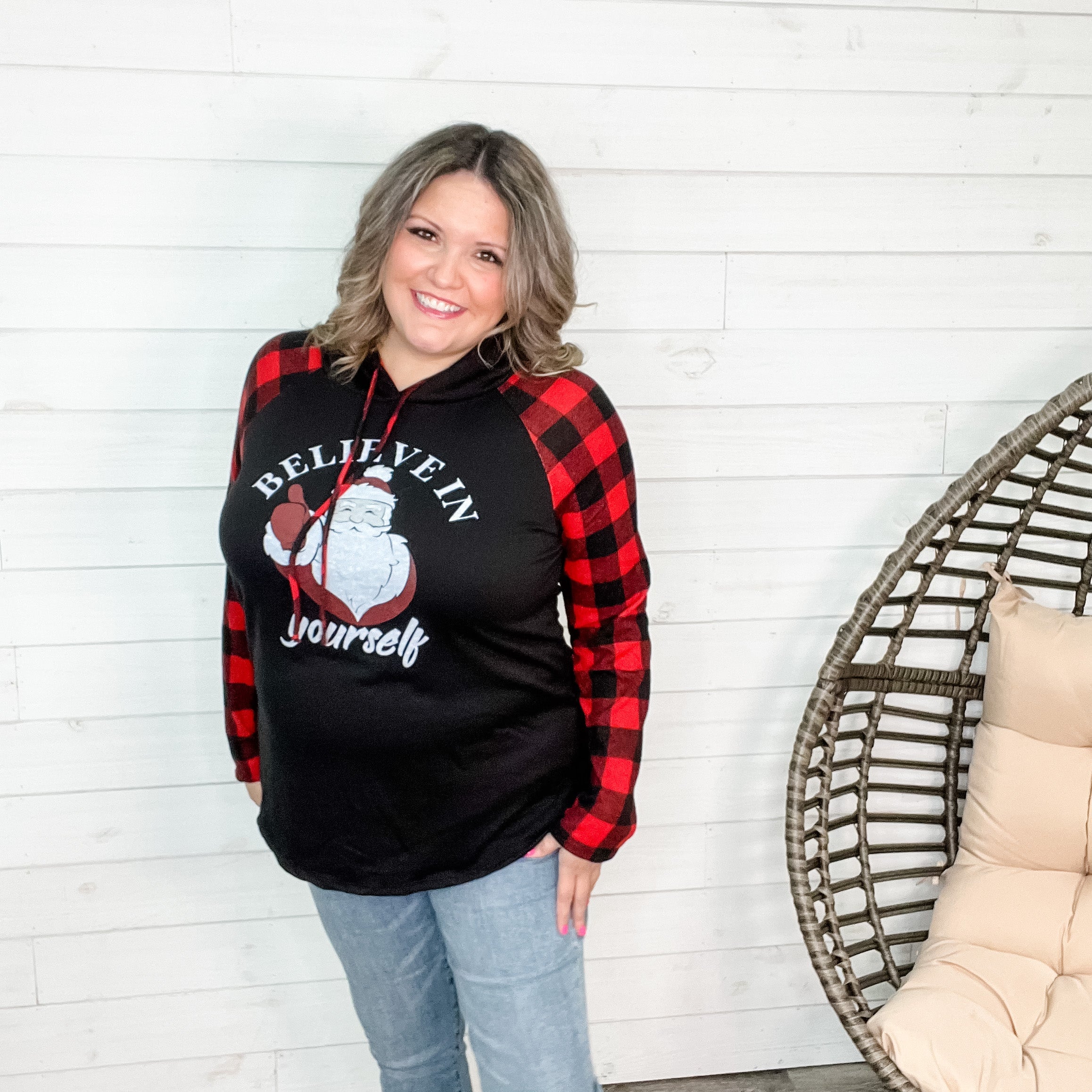 "Believe In Yourself" Buffalo Plaid Santa Hoodie-Lola Monroe Boutique