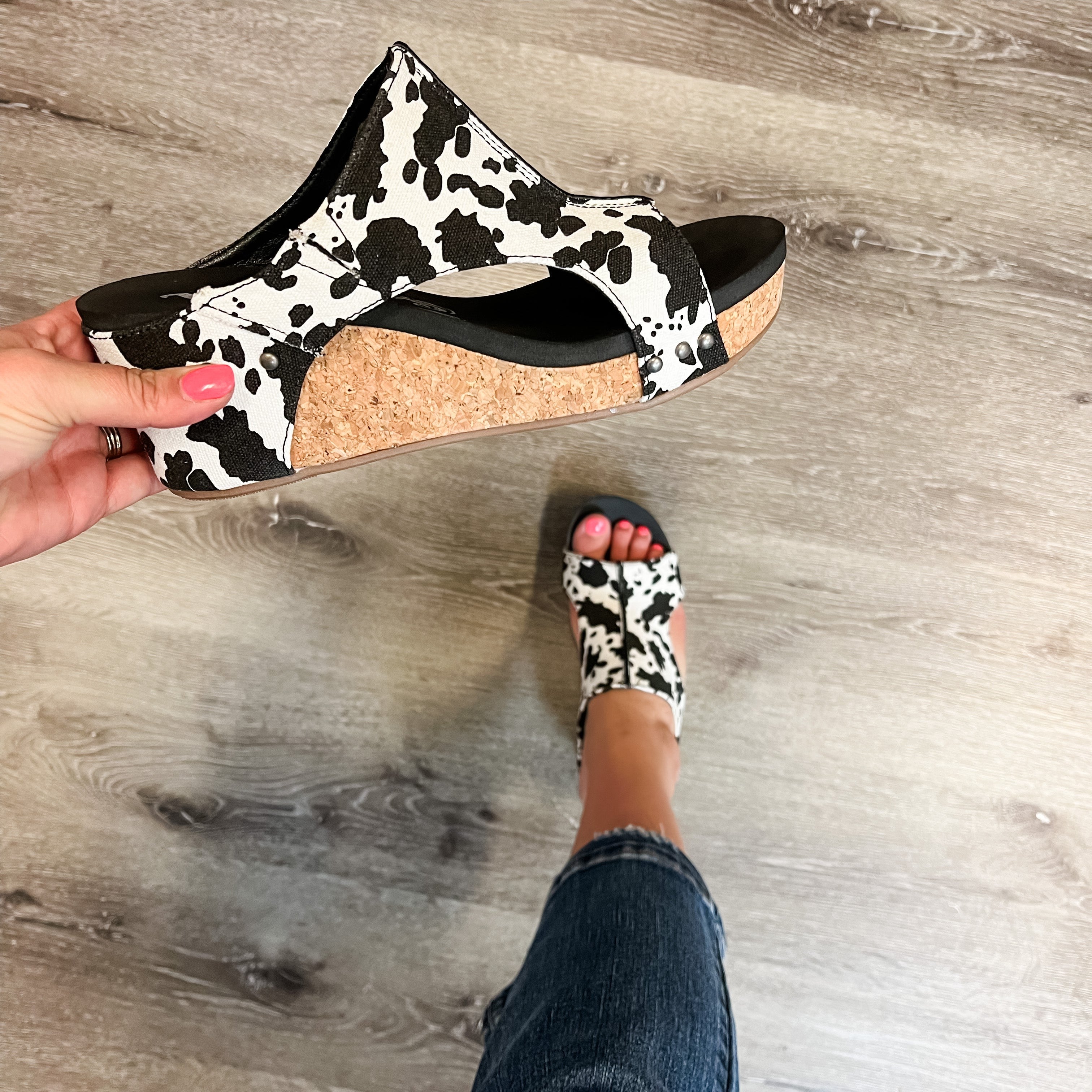 "Besito 2" Cork Wedge Sandal (Cow Print)-Lola Monroe Boutique