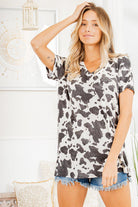 "Betsy" Short Sleeve V Neck Cow Print-Lola Monroe Boutique