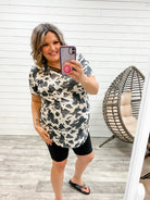 "Betsy" Short Sleeve V Neck Cow Print-Lola Monroe Boutique