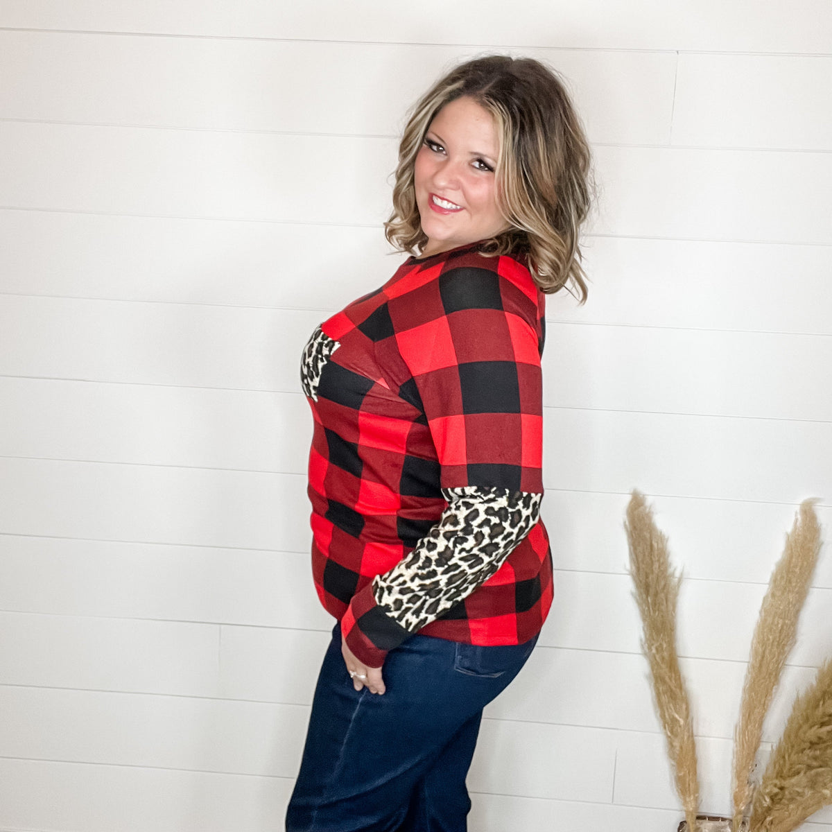 "Bianca" Long Sleeve Buffalo Plaid with Animal Accent Pocket and Sleeve-Lola Monroe Boutique