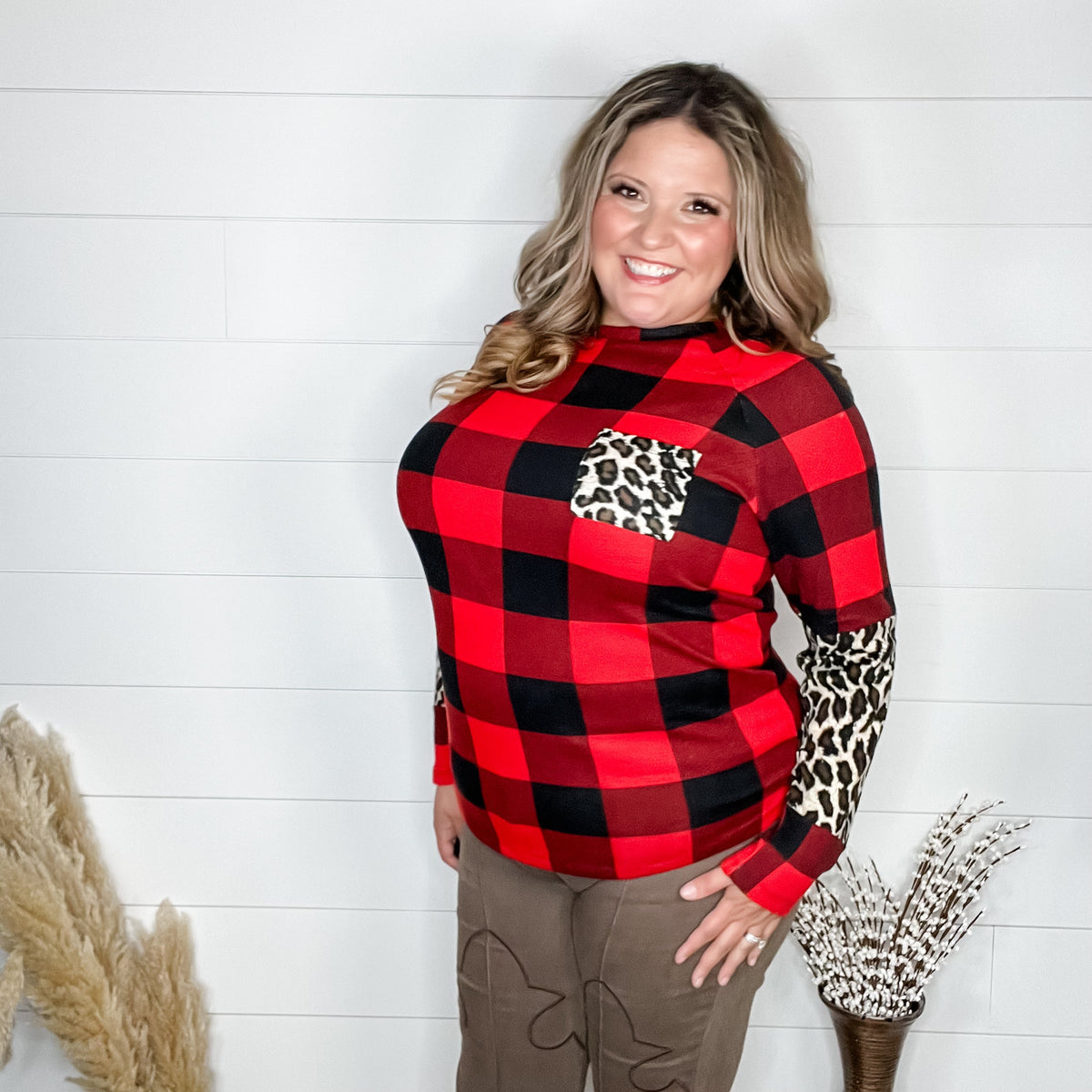 "Bianca" Long Sleeve Buffalo Plaid with Animal Accent Pocket and Sleeve-Lola Monroe Boutique