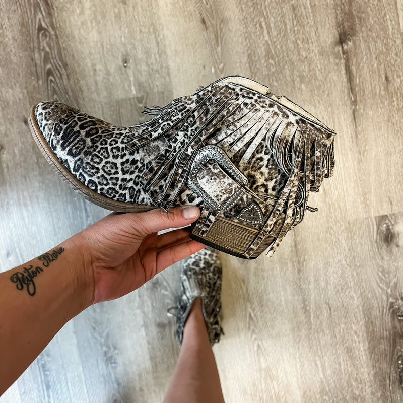 "Billie" Faux Suede Fringe and Buckle Bootie By Very G (Animal Print)-Lola Monroe Boutique