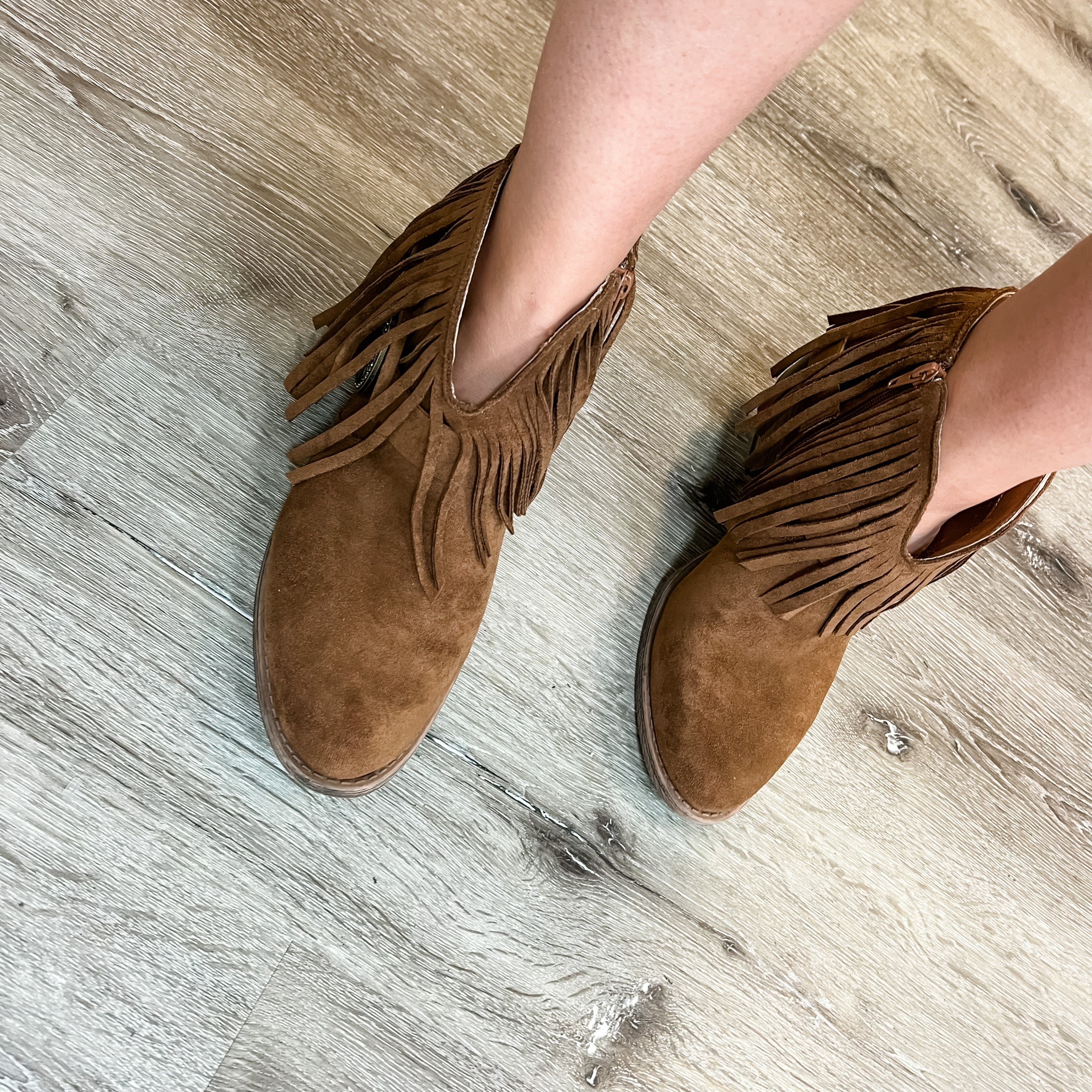 "Billie" Faux Suede Fringe and Buckle Bootie By Very G (Tan)-Lola Monroe Boutique