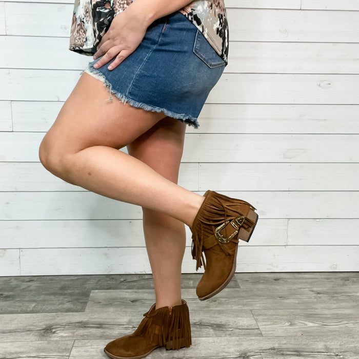 "Billie" Faux Suede Fringe and Buckle Bootie By Very G (Tan)-Lola Monroe Boutique