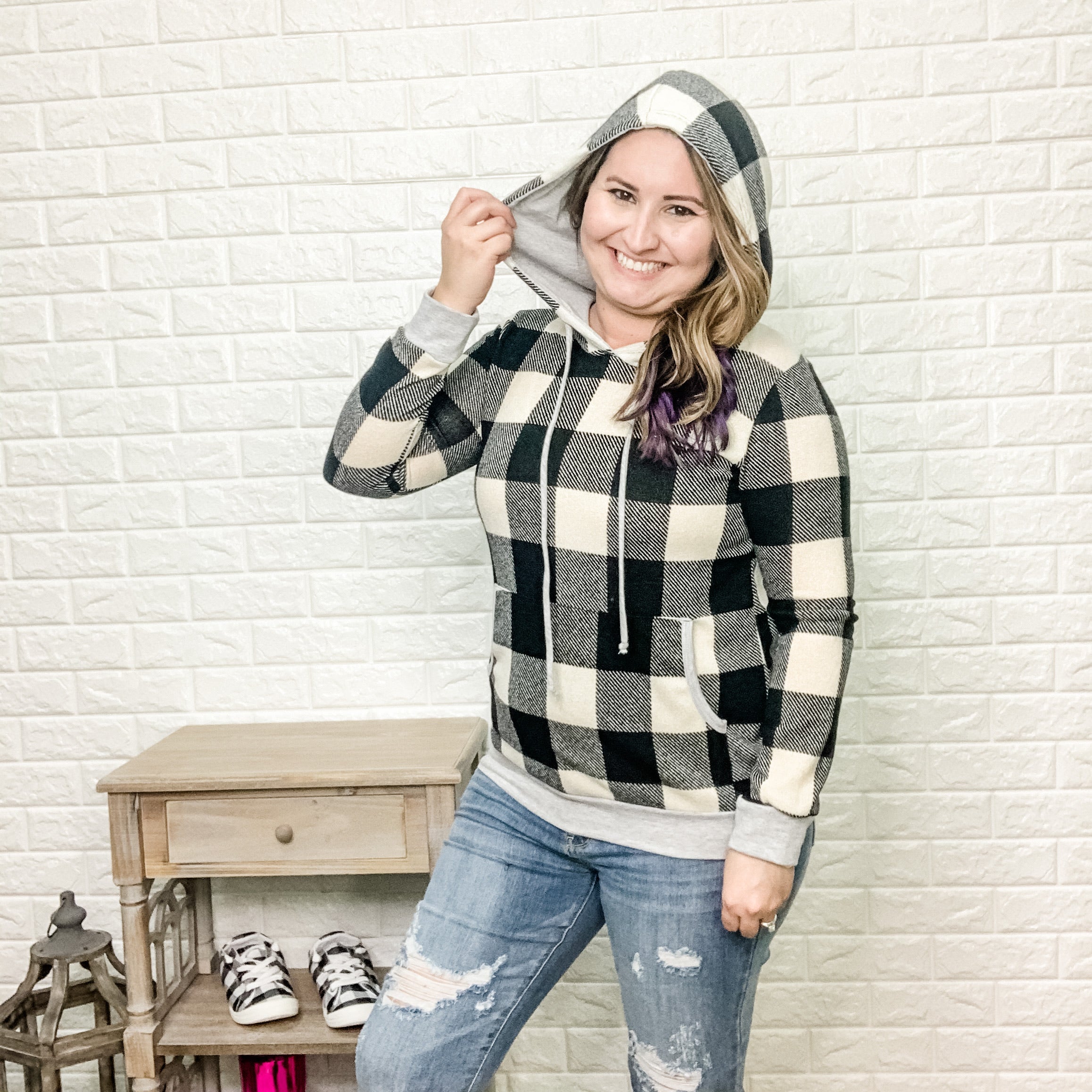 Black & Ivory Plaid Hoodie-Lola Monroe Boutique