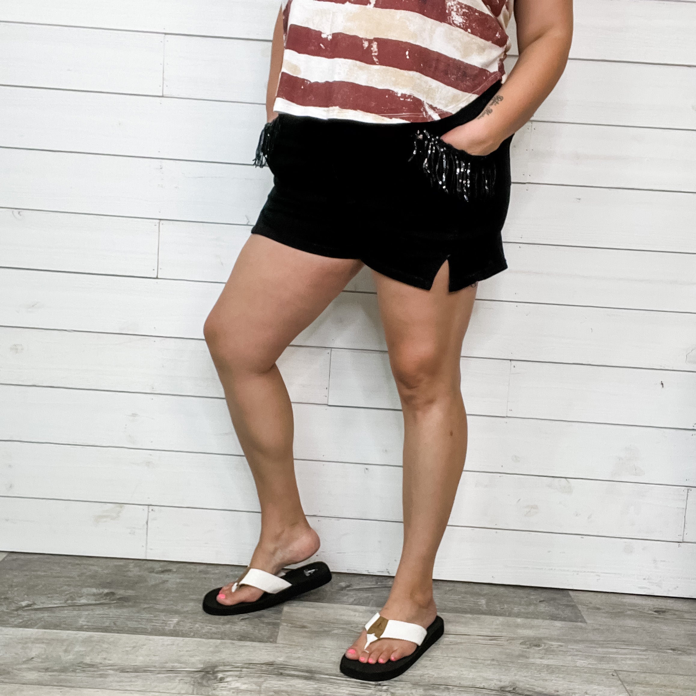 "Blaine" Double Button Shiny Pocket Fringe Shorts-Lola Monroe Boutique