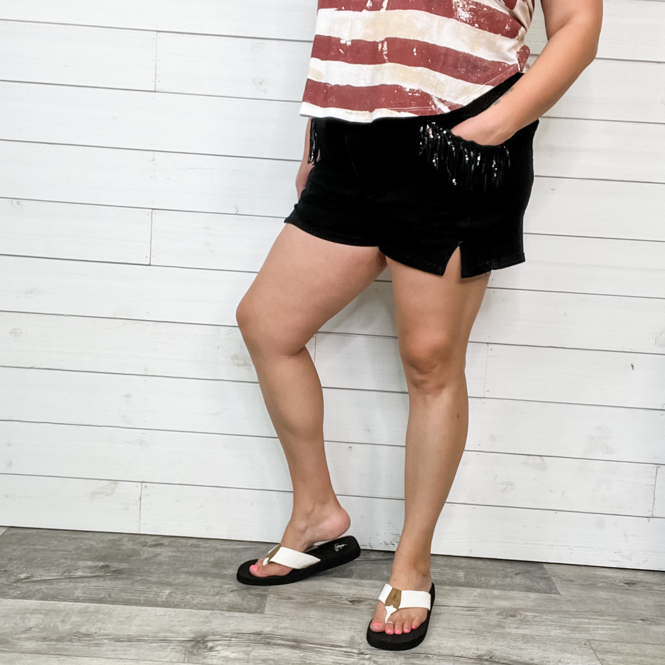 "Blaine" Double Button Shiny Pocket Fringe Shorts-Lola Monroe Boutique