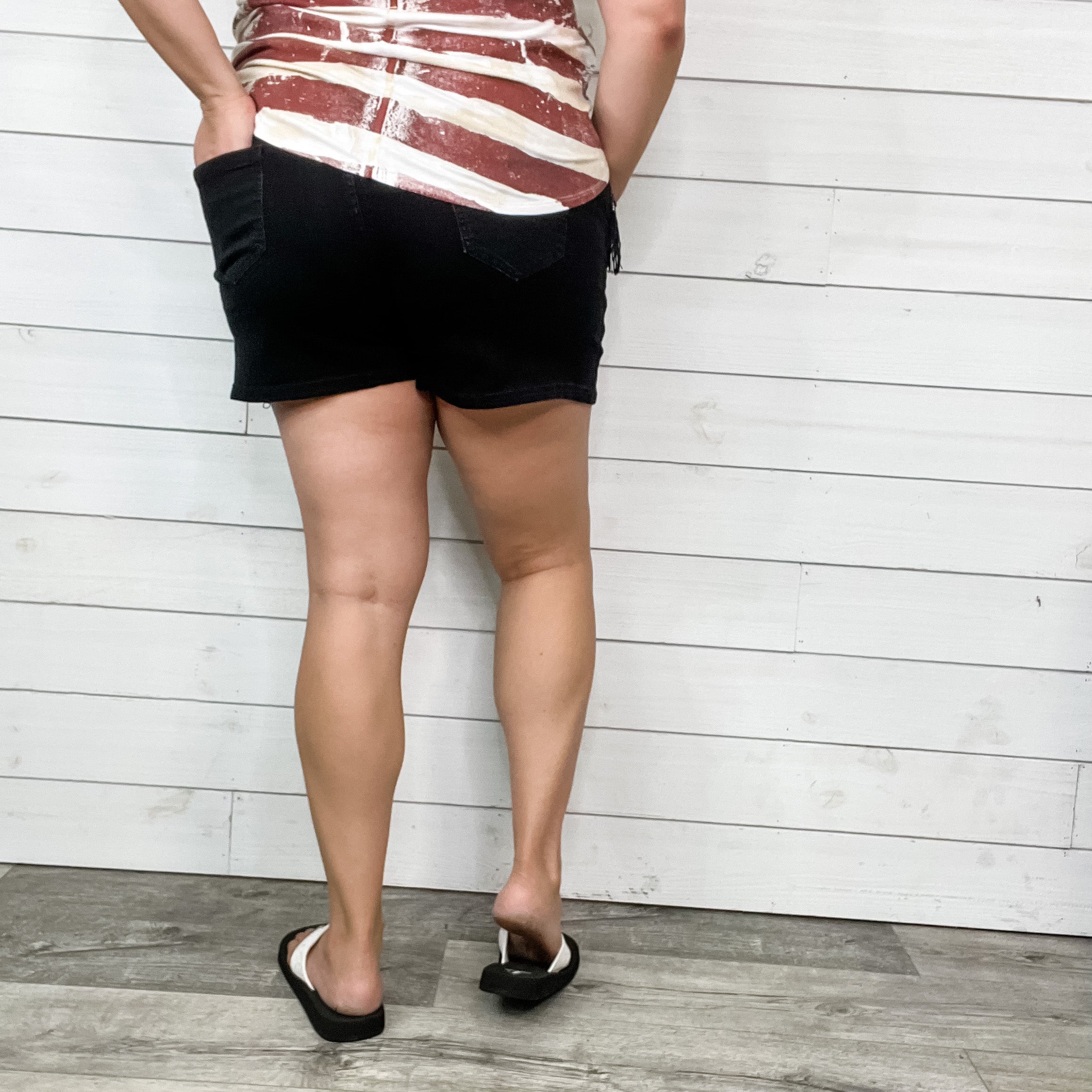 "Blaine" Double Button Shiny Pocket Fringe Shorts-Lola Monroe Boutique