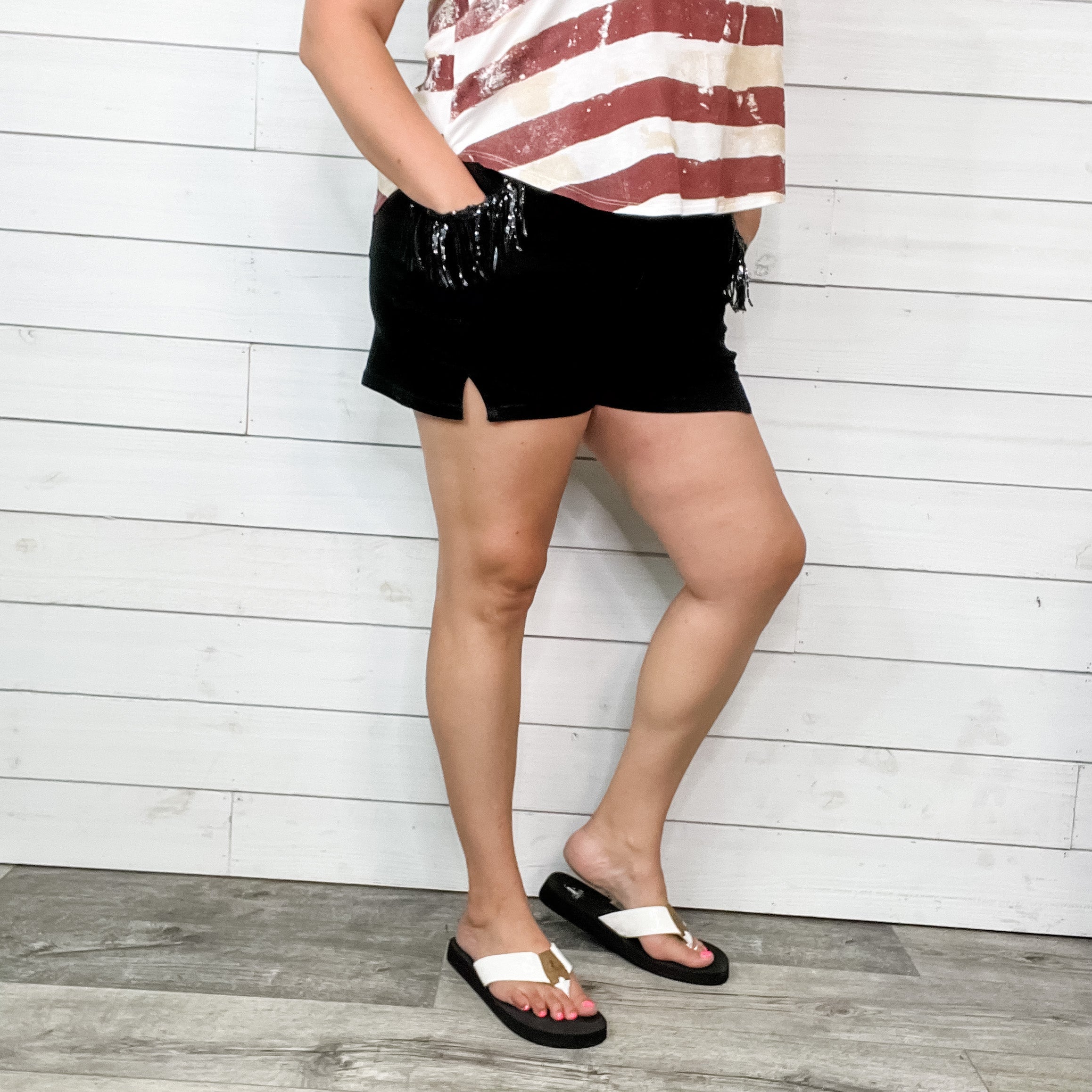 "Blaine" Double Button Shiny Pocket Fringe Shorts-Lola Monroe Boutique