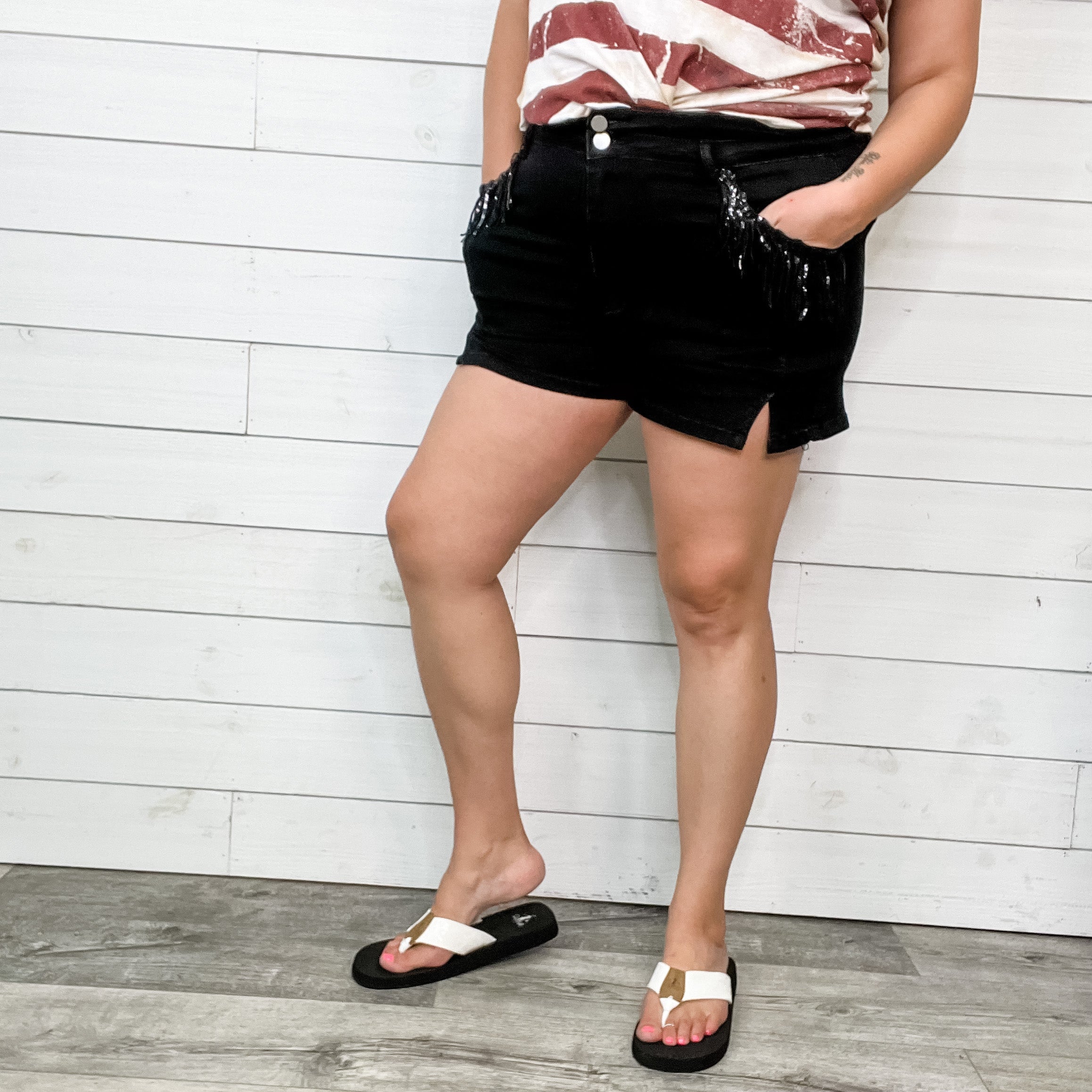 "Blaine" Double Button Shiny Pocket Fringe Shorts-Lola Monroe Boutique