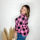 "Blindsided" Plaid Lizzy 3/4 Sleeve Split Neck (Black and Magenta)-Lola Monroe Boutique