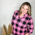 "Blindsided" Plaid Lizzy 3/4 Sleeve Split Neck (Black and Magenta)-Lola Monroe Boutique