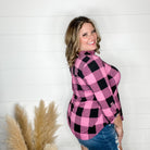 "Blindsided" Plaid Lizzy 3/4 Sleeve Split Neck (Black and Magenta)-Lola Monroe Boutique