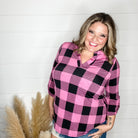 "Blindsided" Plaid Lizzy 3/4 Sleeve Split Neck (Black and Magenta)-Lola Monroe Boutique