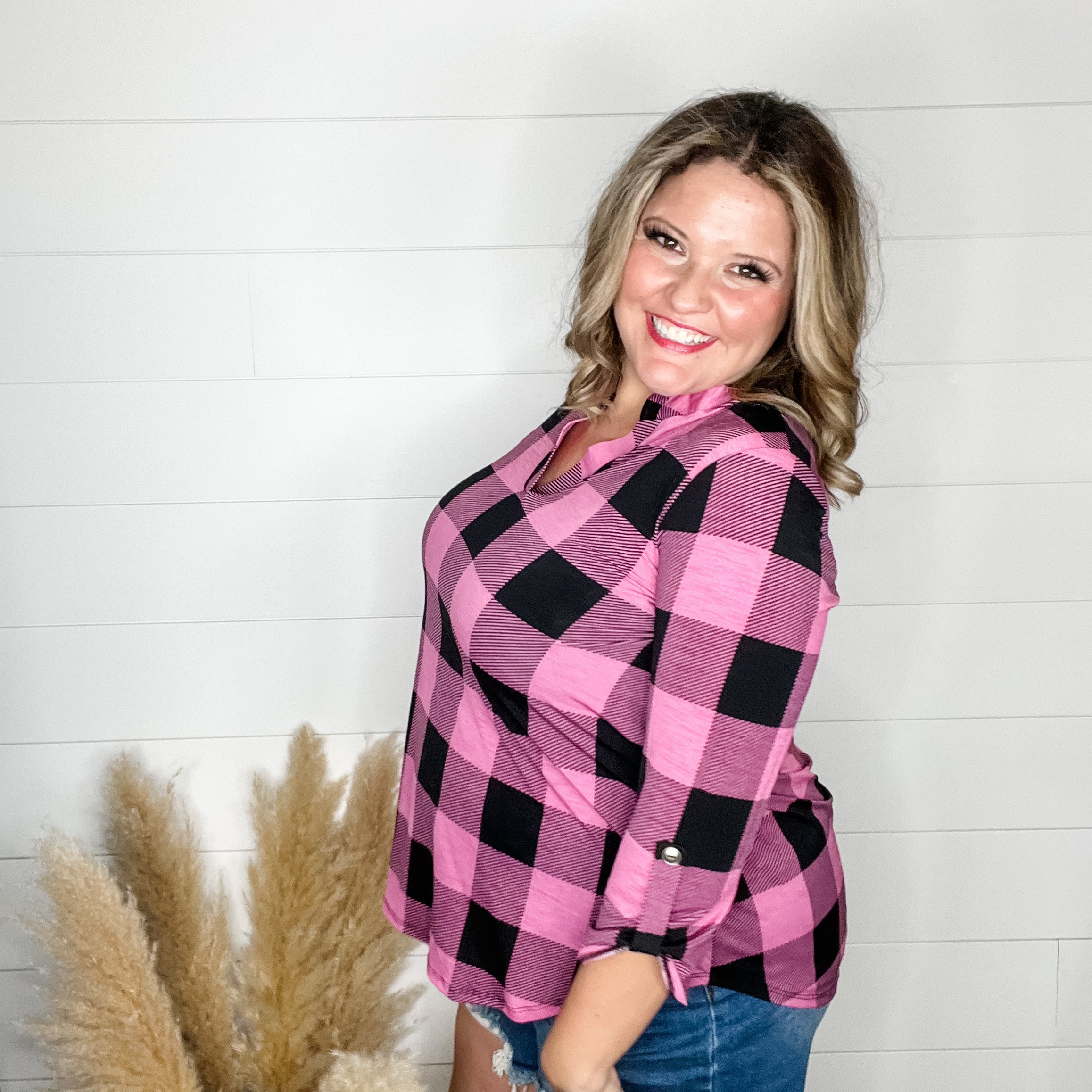 "Blindsided" Plaid Lizzy 3/4 Sleeve Split Neck (Black and Magenta)-Lola Monroe Boutique