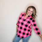 "Blindsided" Plaid Lizzy 3/4 Sleeve Split Neck (Black and Pink)-Lola Monroe Boutique