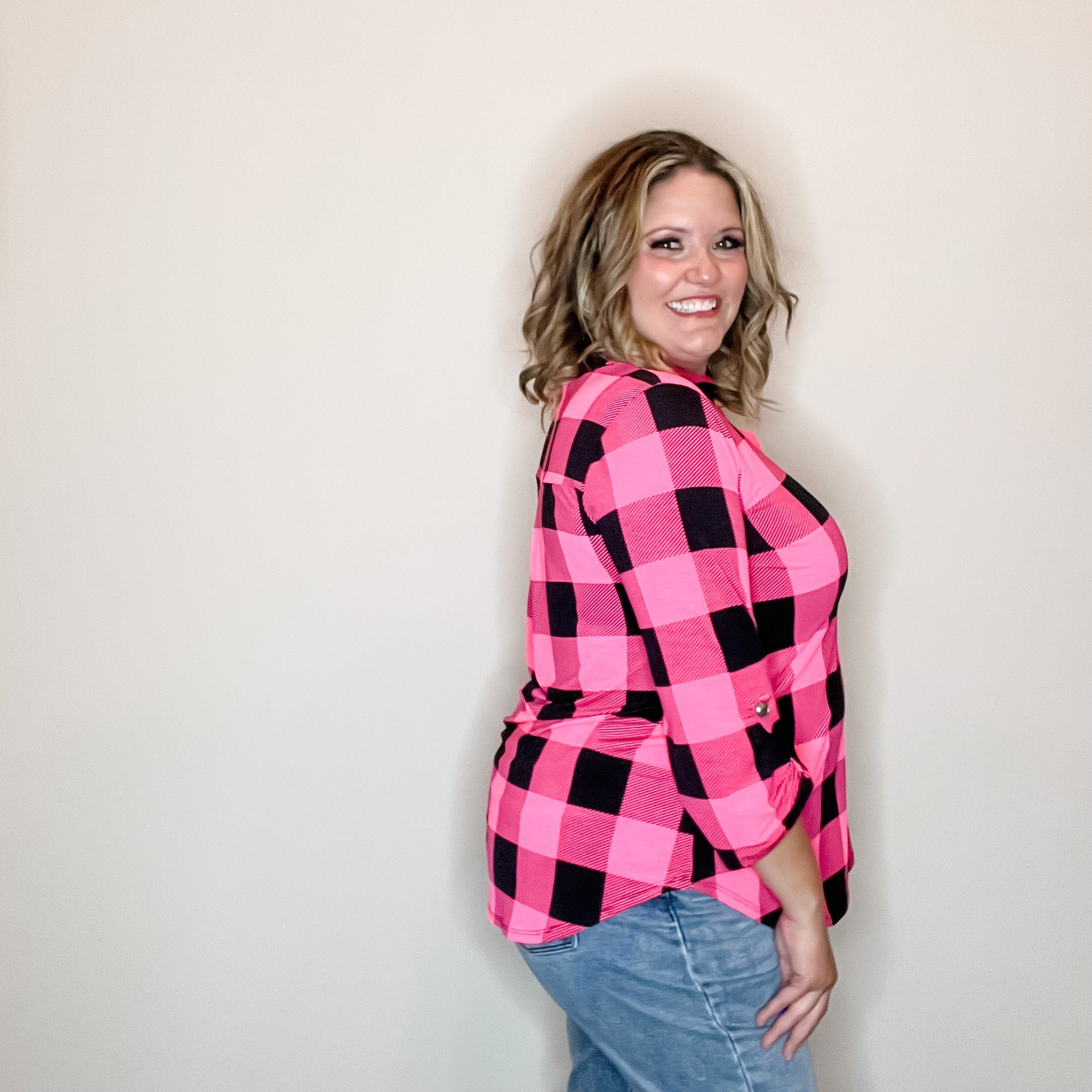 "Blindsided" Plaid Lizzy 3/4 Sleeve Split Neck (Black and Pink)-Lola Monroe Boutique