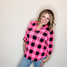 "Blindsided" Plaid Lizzy 3/4 Sleeve Split Neck (Black and Pink)-Lola Monroe Boutique