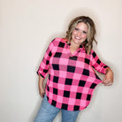 "Blindsided" Plaid Lizzy 3/4 Sleeve Split Neck (Black and Pink)-Lola Monroe Boutique