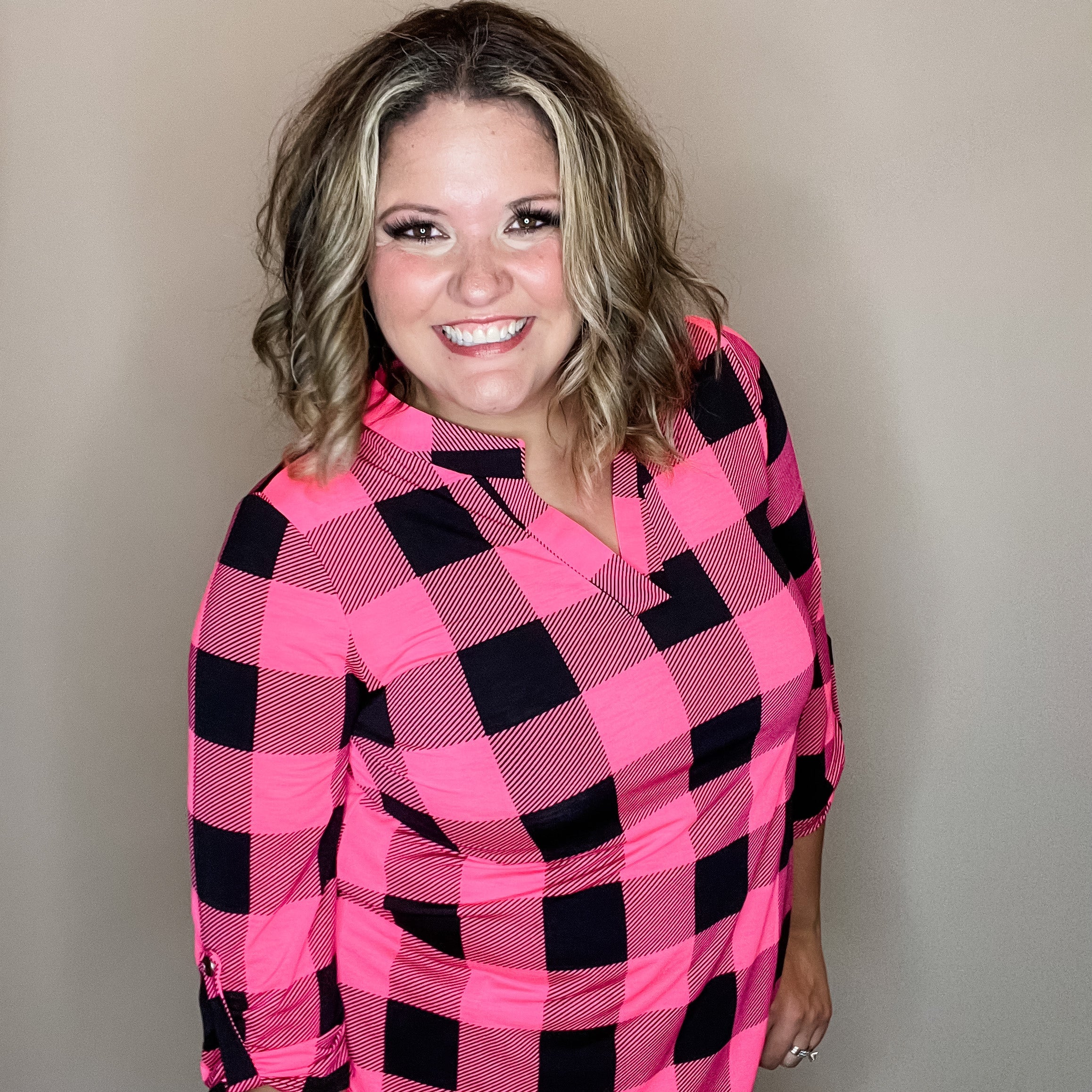 "Blindsided" Plaid Lizzy 3/4 Sleeve Split Neck (Black and Pink)-Lola Monroe Boutique