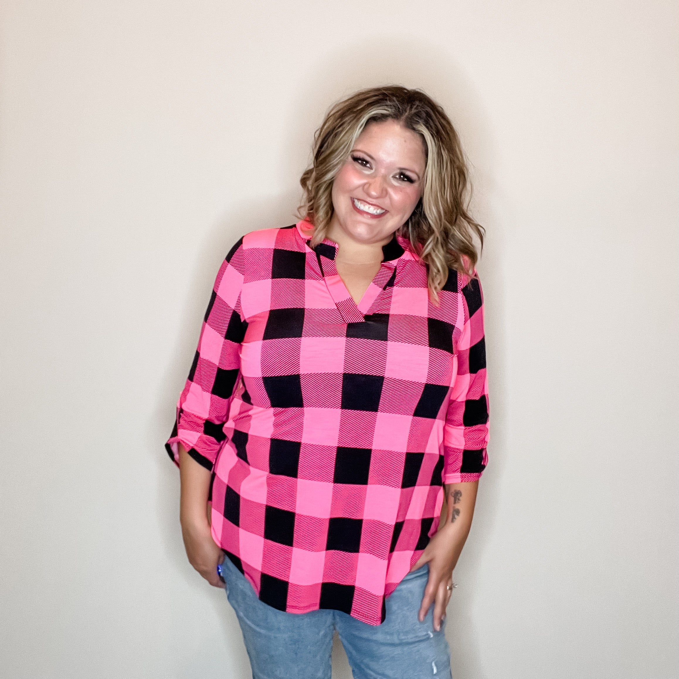 "Blindsided" Plaid Lizzy 3/4 Sleeve Split Neck (Black and Pink)-Lola Monroe Boutique