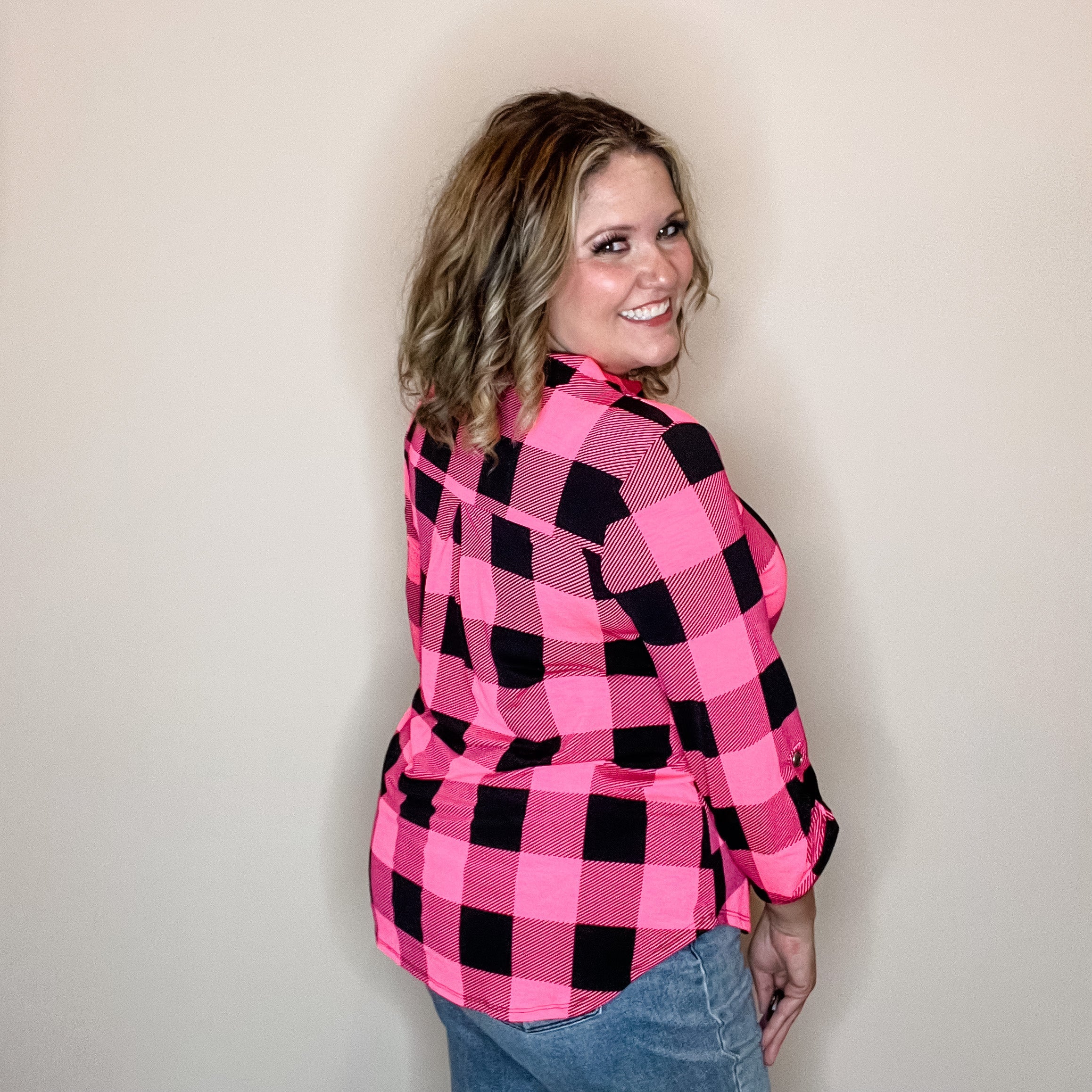 "Blindsided" Plaid Lizzy 3/4 Sleeve Split Neck (Black and Pink)-Lola Monroe Boutique