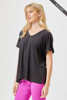 "Boise" U Neck Cuffed Short Sleeve (Black)-Lola Monroe Boutique