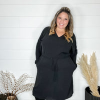 "Borderline" Long Sleeve V Neck Dress with Drawstring Waist (Black)