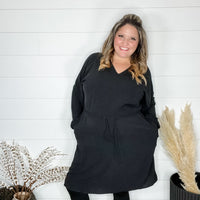 "Borderline" Long Sleeve V Neck Dress with Drawstring Waist (Black)