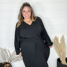 "Borderline" Long Sleeve V Neck Dress with Drawstring Waist (Black)-Lola Monroe Boutique