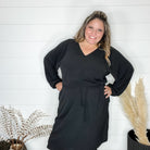 "Borderline" Long Sleeve V Neck Dress with Drawstring Waist (Black)-Lola Monroe Boutique