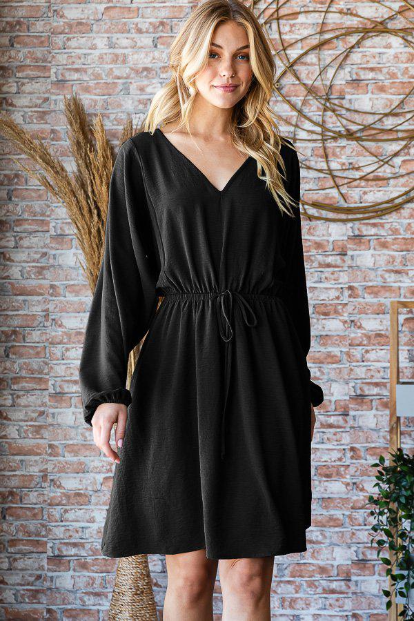 "Borderline" Long Sleeve V Neck Dress with Drawstring Waist (Black)-Lola Monroe Boutique