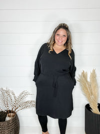 "Borderline" Long Sleeve V Neck Dress with Drawstring Waist (Black)