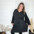 "Borderline" Long Sleeve V Neck Dress with Drawstring Waist (Black)-Lola Monroe Boutique