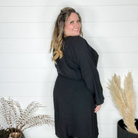 "Borderline" Long Sleeve V Neck Dress with Drawstring Waist (Black)